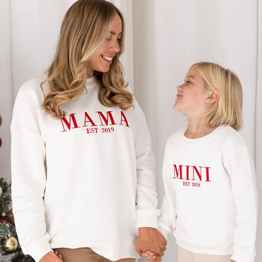 Christmas 'MAMA EST.' ladies' embroidered matching mini me sweatshirt