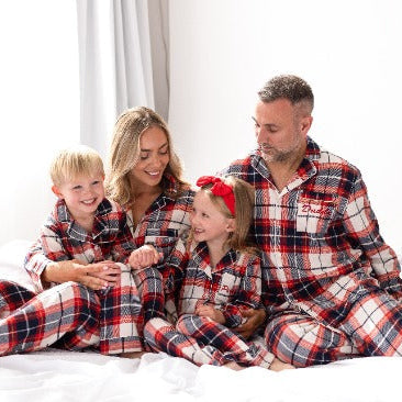 Family Christmas personalised embroidered woven cream check pyjamas