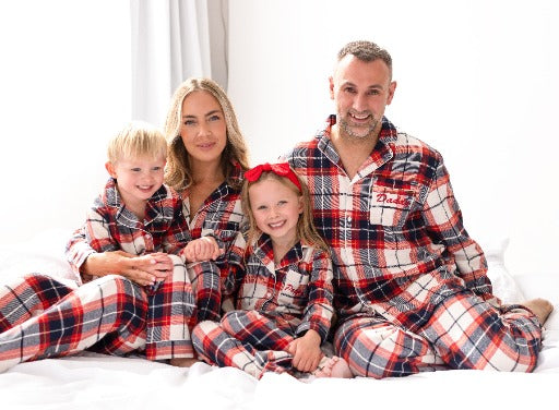 Family Christmas personalised embroidered woven cream check pyjamas