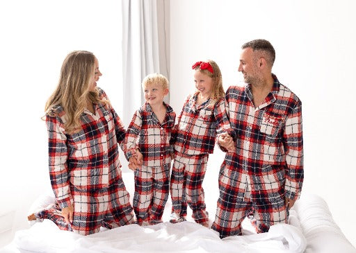 Family Christmas personalised embroidered woven cream check pyjamas