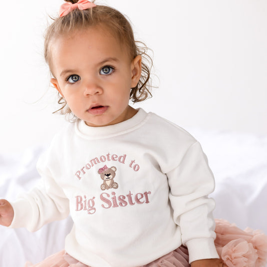 'Promoted to Big Sister' embroidered bear sweatshirt
