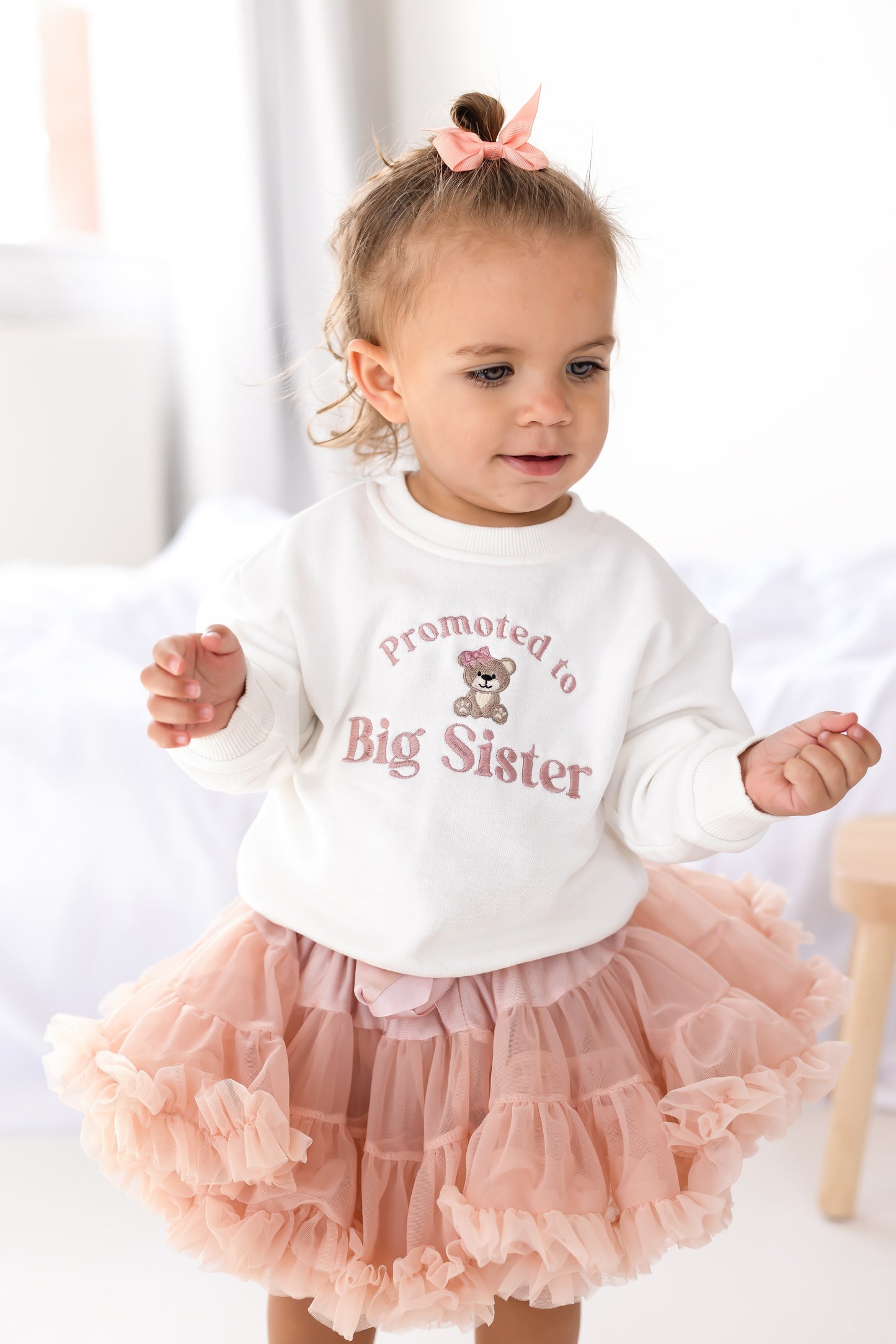 'Promoted to Big Sister' embroidered bear sweatshirt