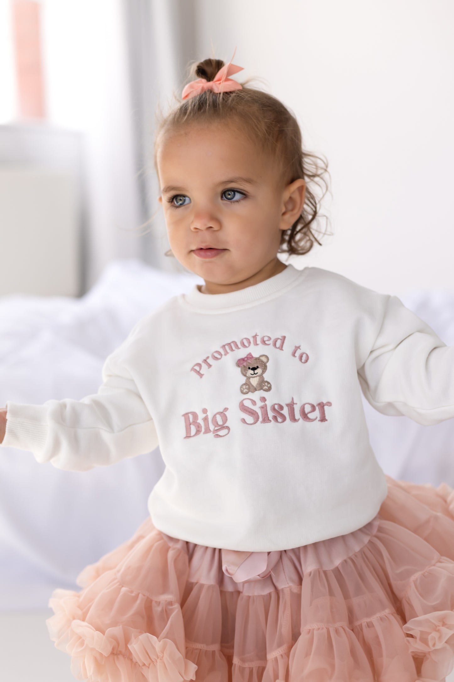 'Promoted to Big Sister' embroidered bear sweatshirt