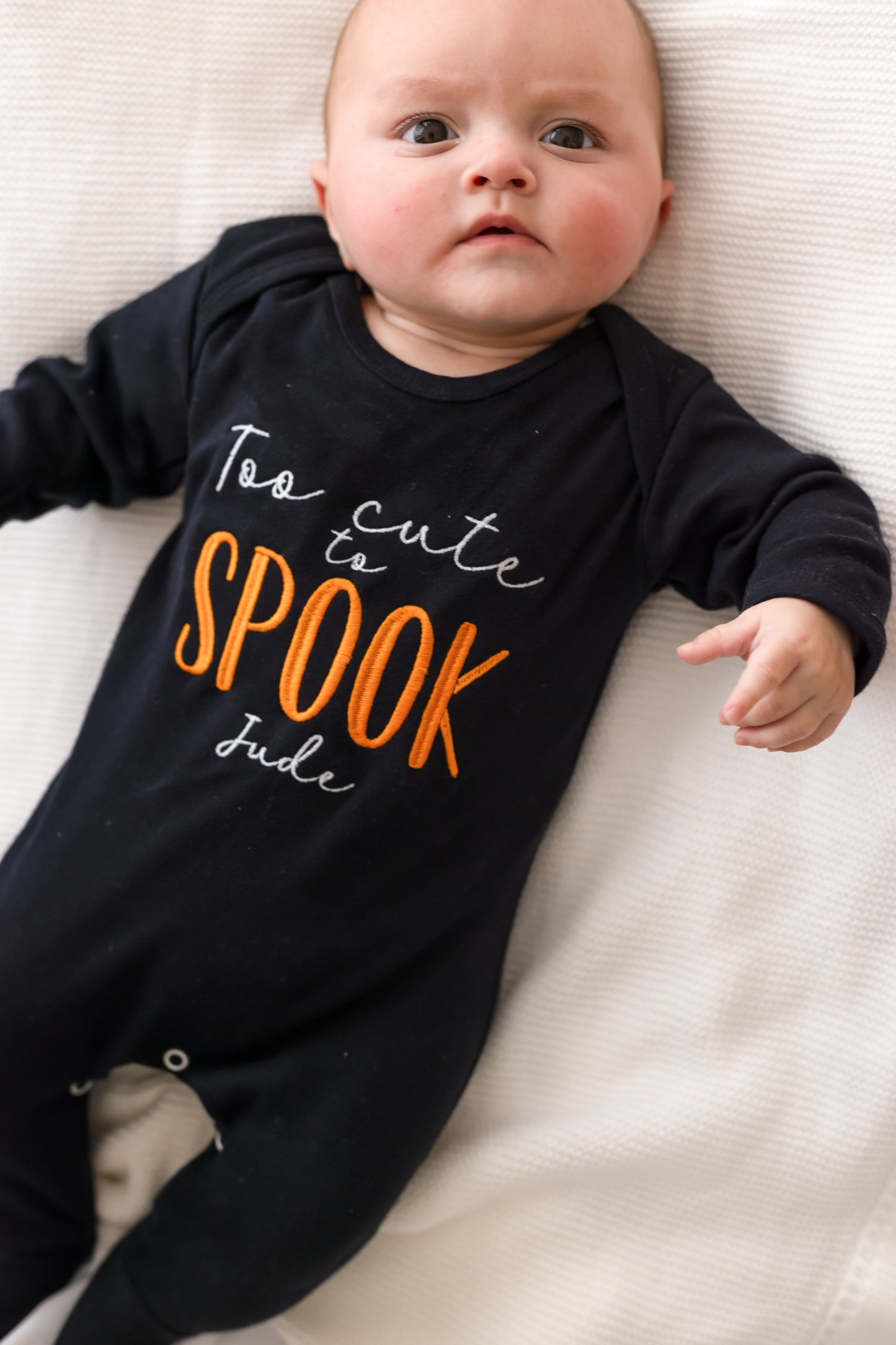 'Too cute to Spook' embroidered personalised Halloween babygro