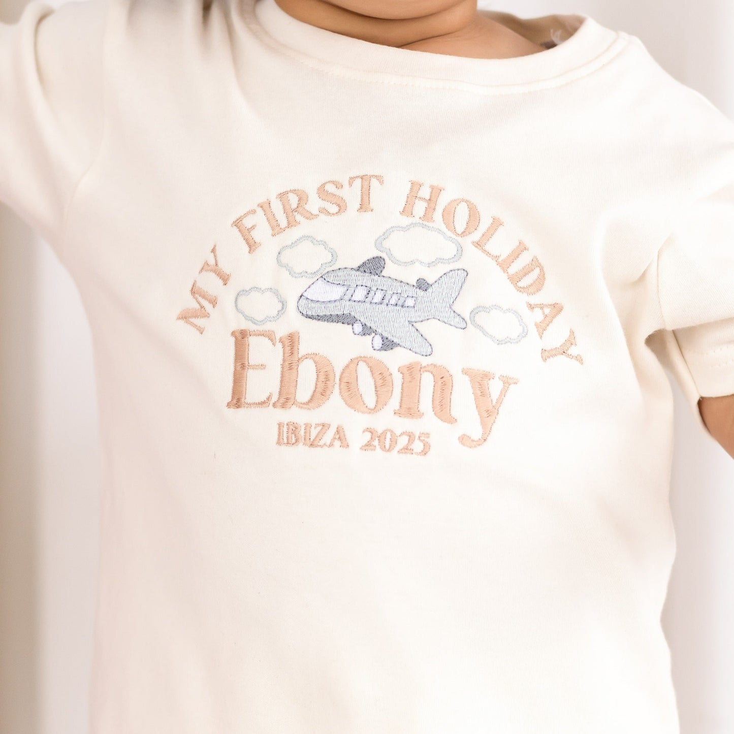 'My First Holiday 26' personalised name aeroplane embroidered holiday sweatshirt