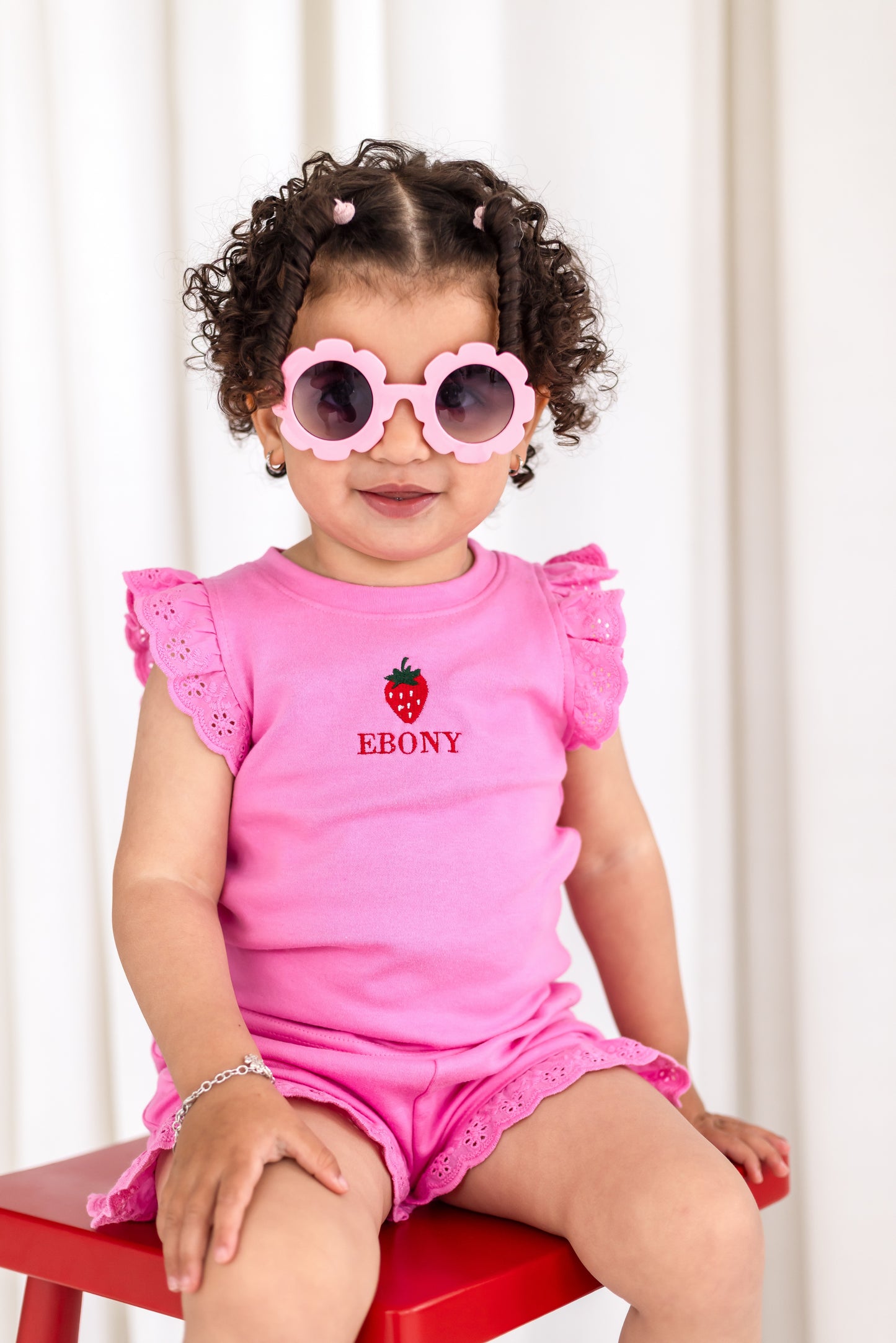 Personalised embroidered strawberry summer lace trim t shirt and short set