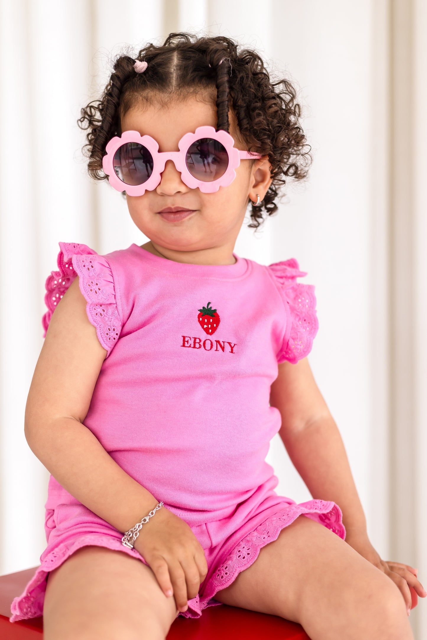 Personalised embroidered strawberry summer lace trim t shirt and short set