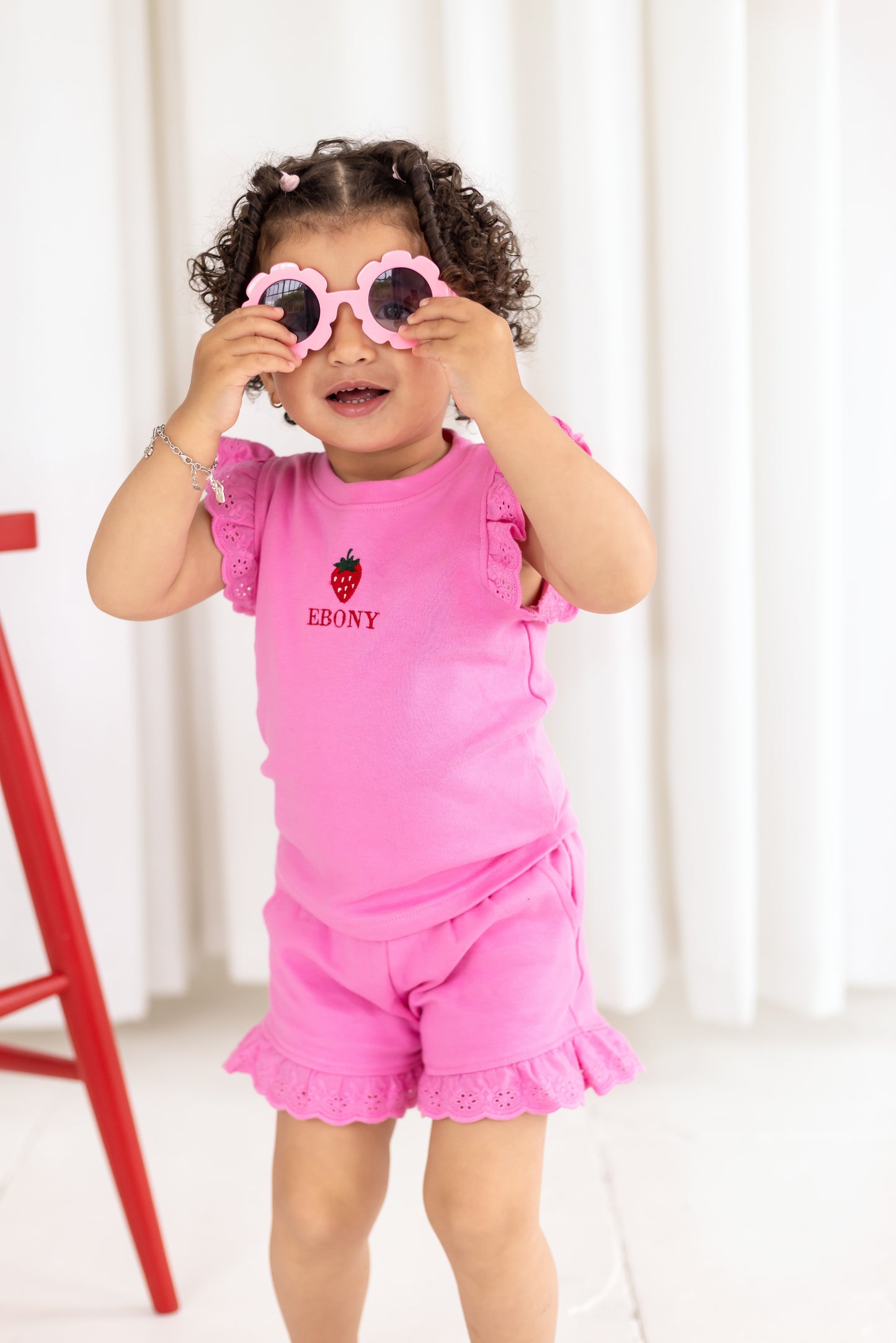 Personalised embroidered strawberry summer lace trim t shirt and short set