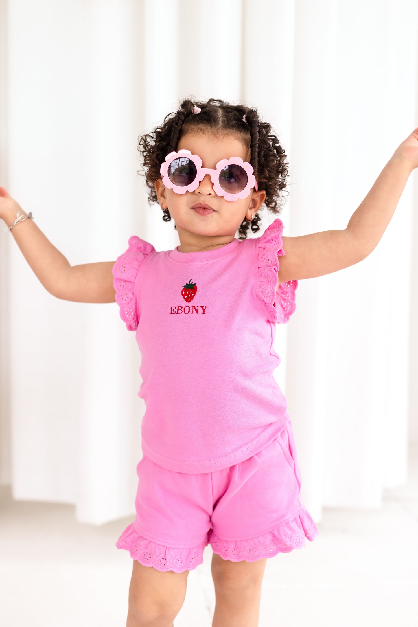 Personalised embroidered strawberry summer lace trim t shirt and short set