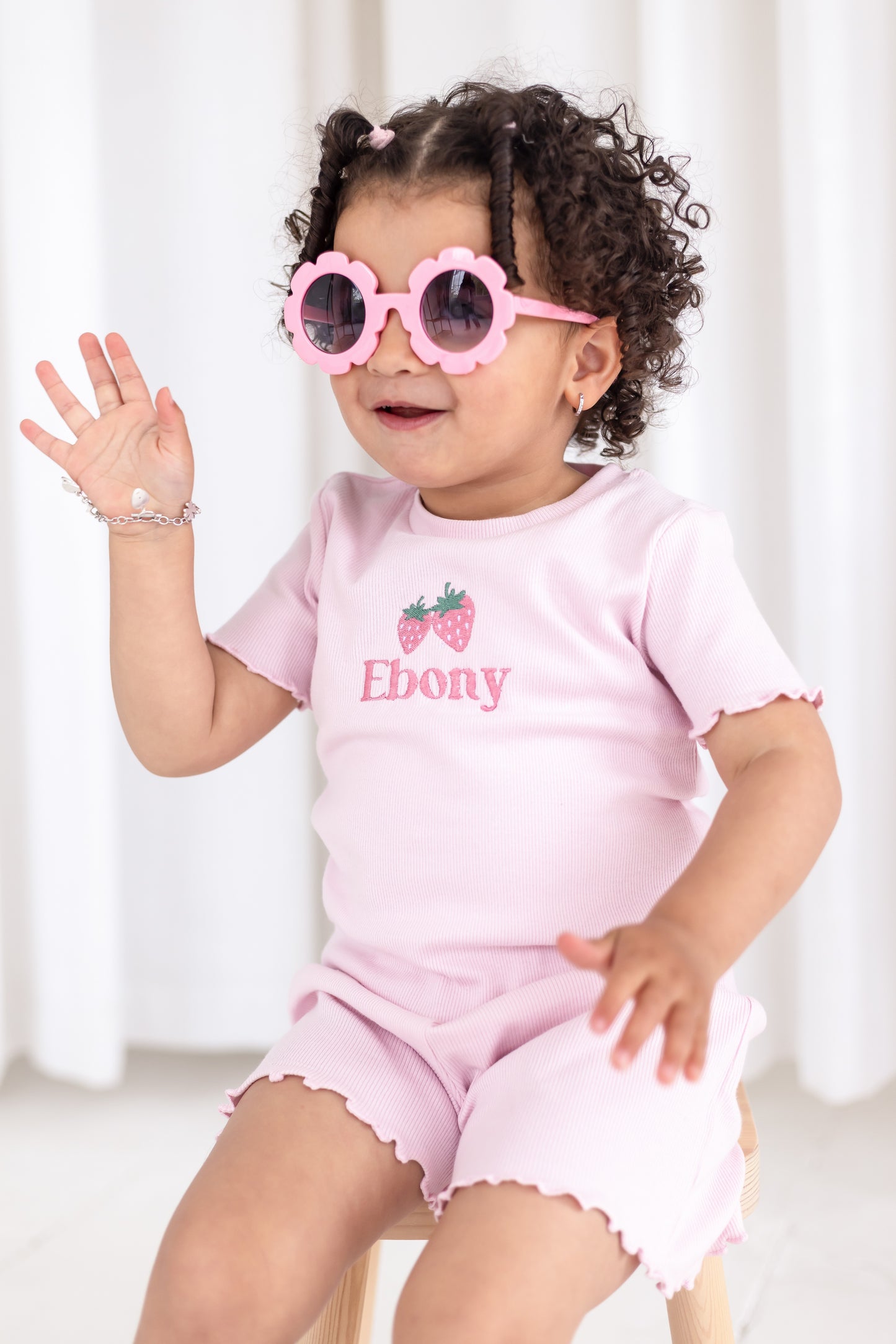 Personalised embroidered strawberry summer ribbed t shirt and short set