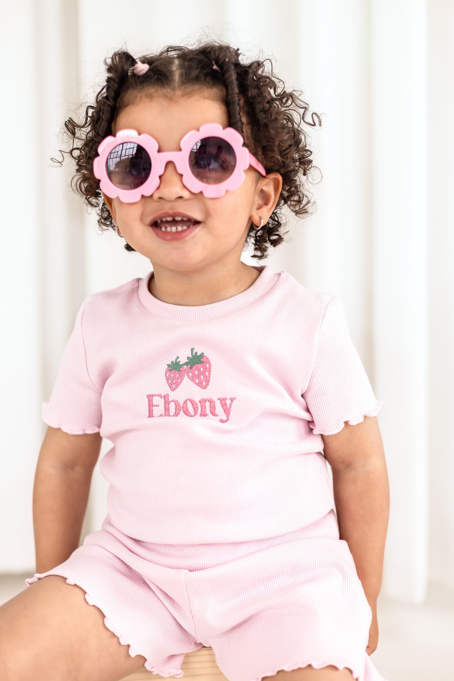 Personalised embroidered strawberry summer ribbed t shirt and short set