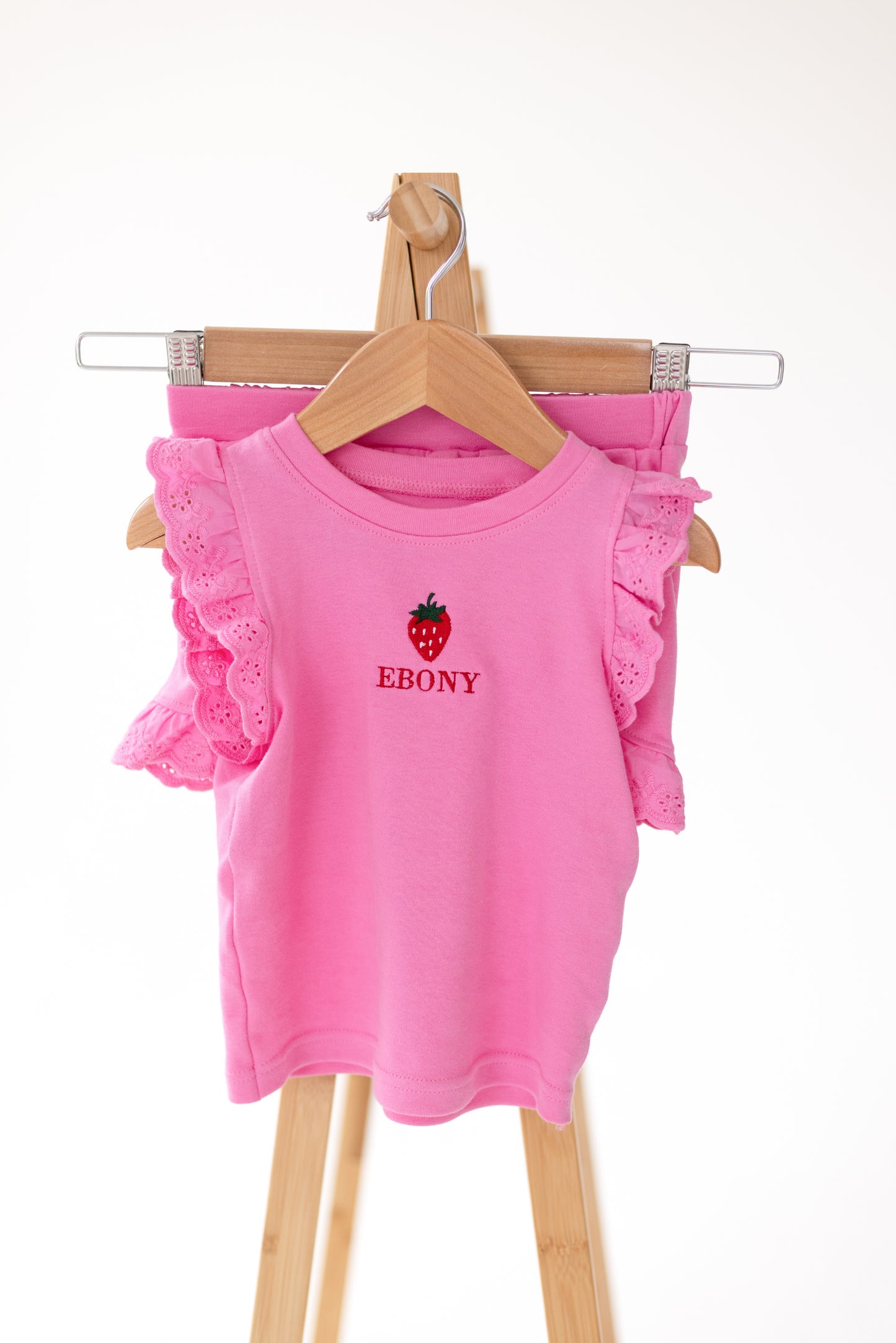 Personalised embroidered strawberry summer lace trim t shirt and short set
