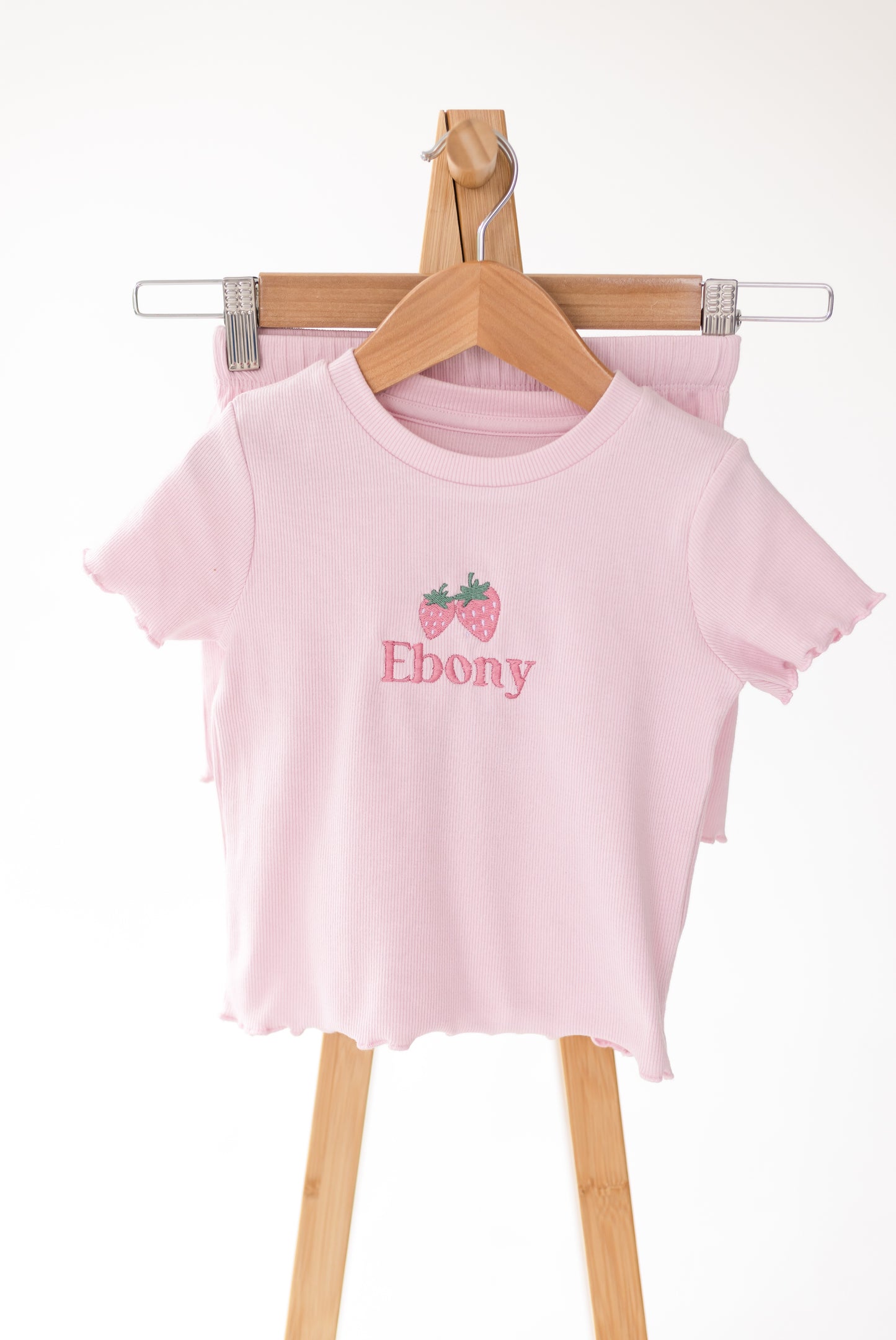 Personalised embroidered strawberry summer ribbed t shirt and short set