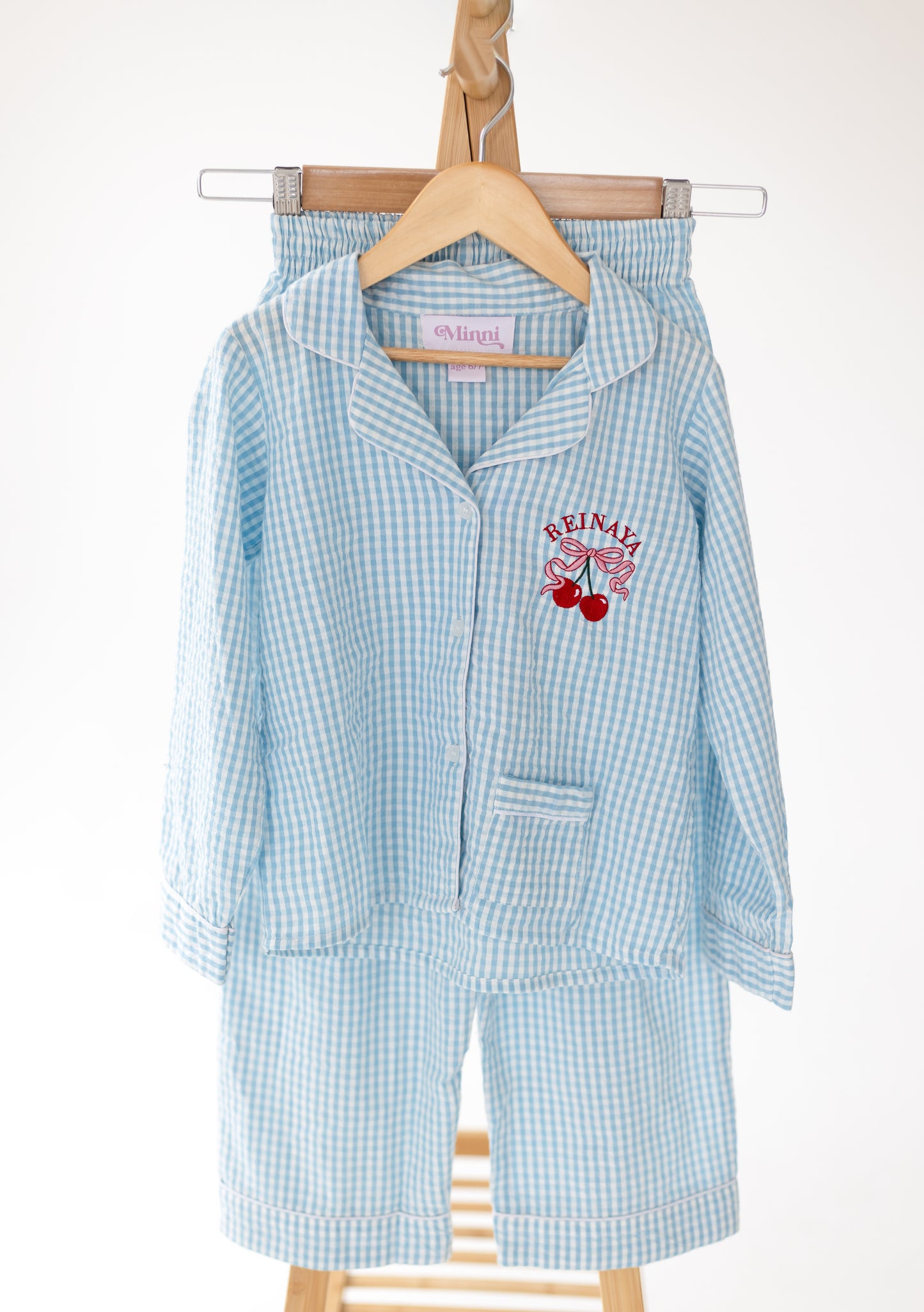 Personalised embroidered blue gingham cherry pyjamas