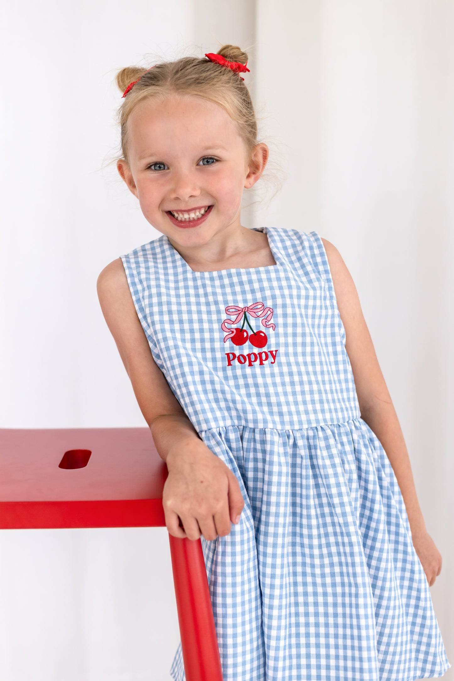 Personalised embroidered blue gingham cherry smock dress