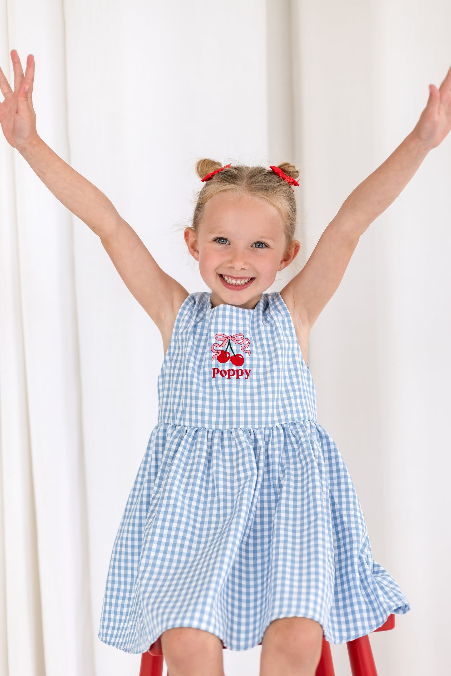 Personalised embroidered blue gingham cherry smock dress