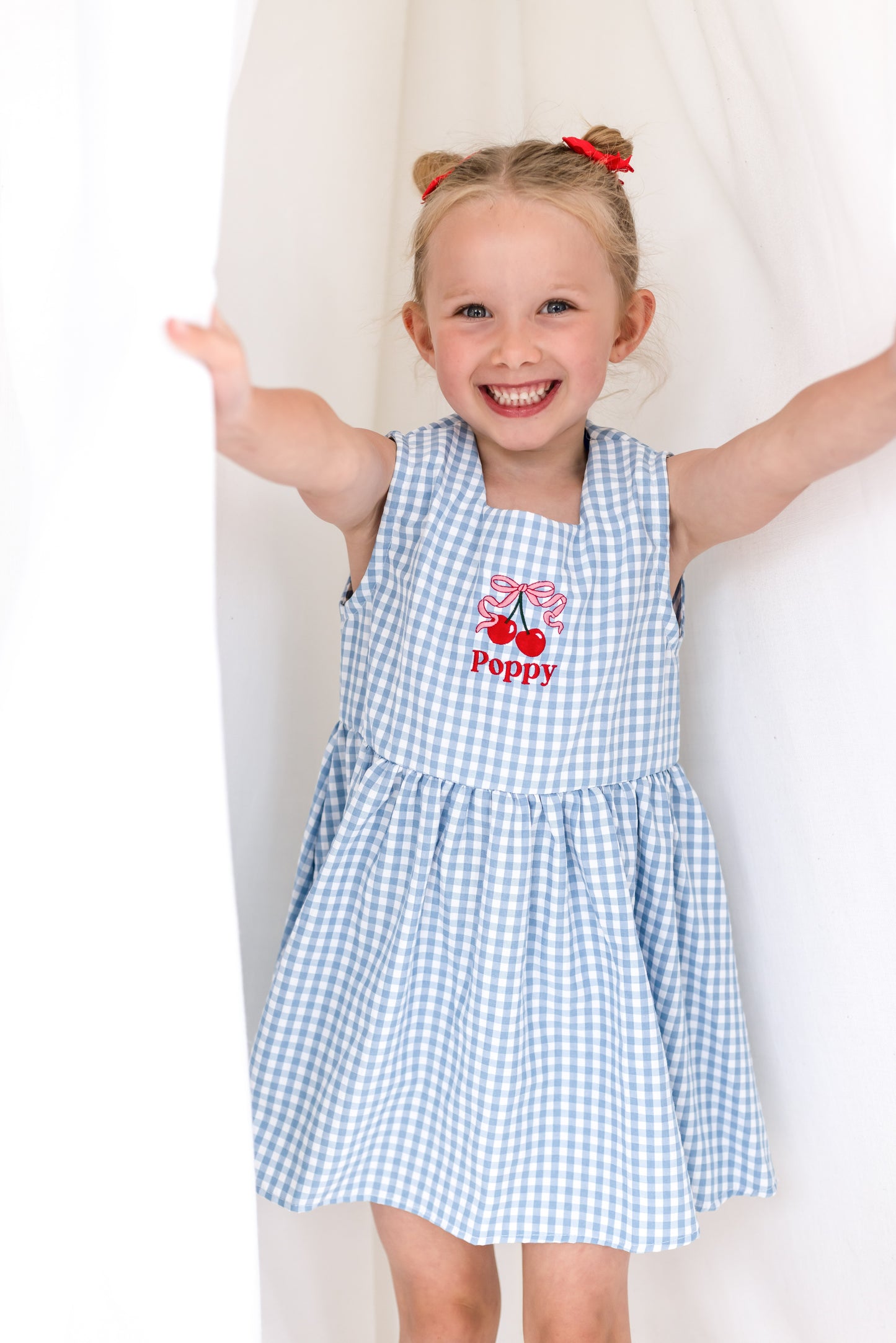Personalised embroidered blue gingham cherry smock dress