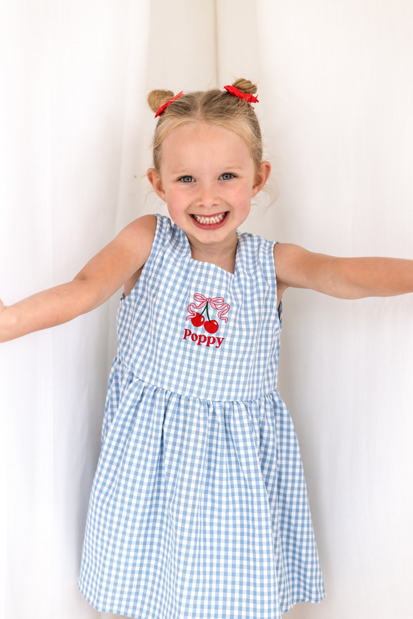 Personalised embroidered blue gingham cherry smock dress