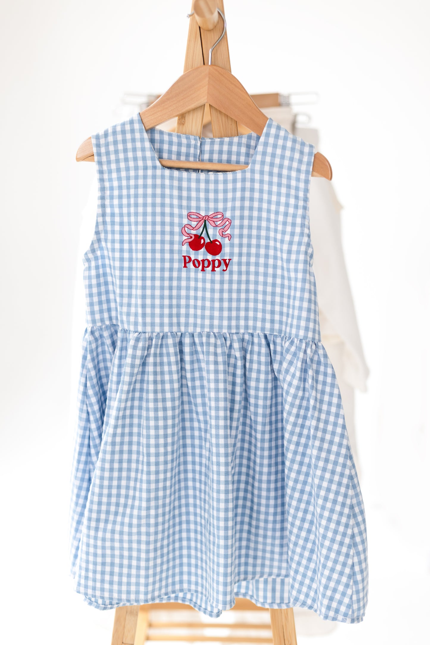 Personalised embroidered blue gingham cherry smock dress