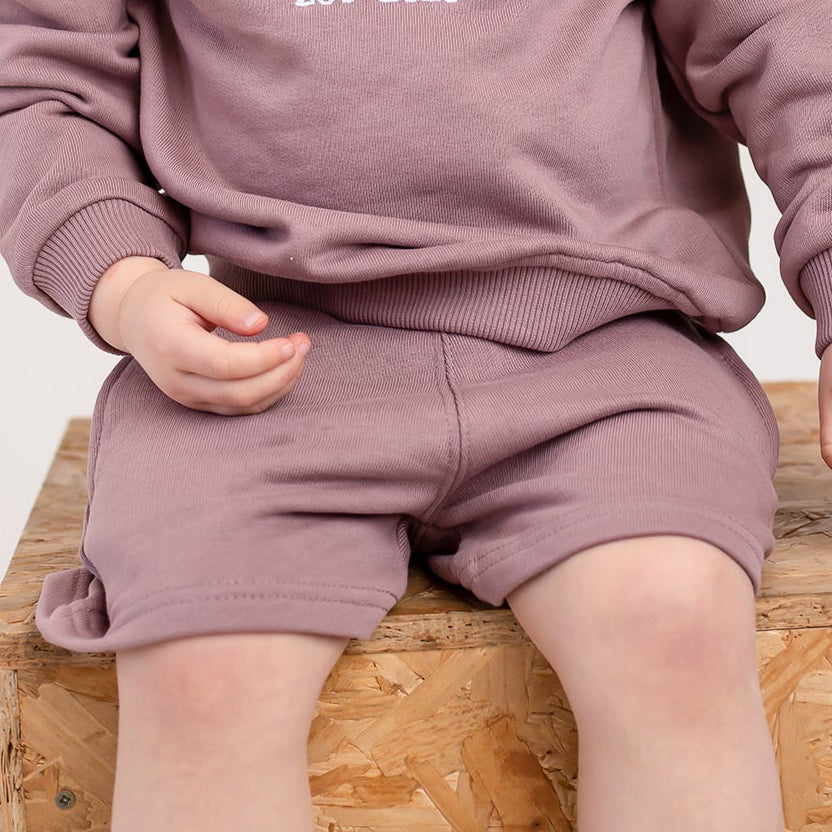 Child's sweat shorts - ash grey, stone, ivory, mocha and dark rose pink
