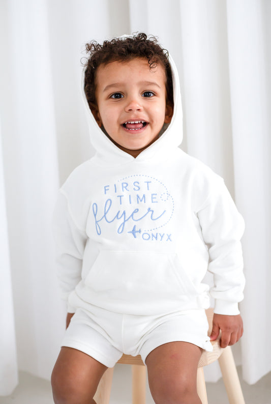 'First time Flyer' personalised embroidered hoodie and short tracksuit