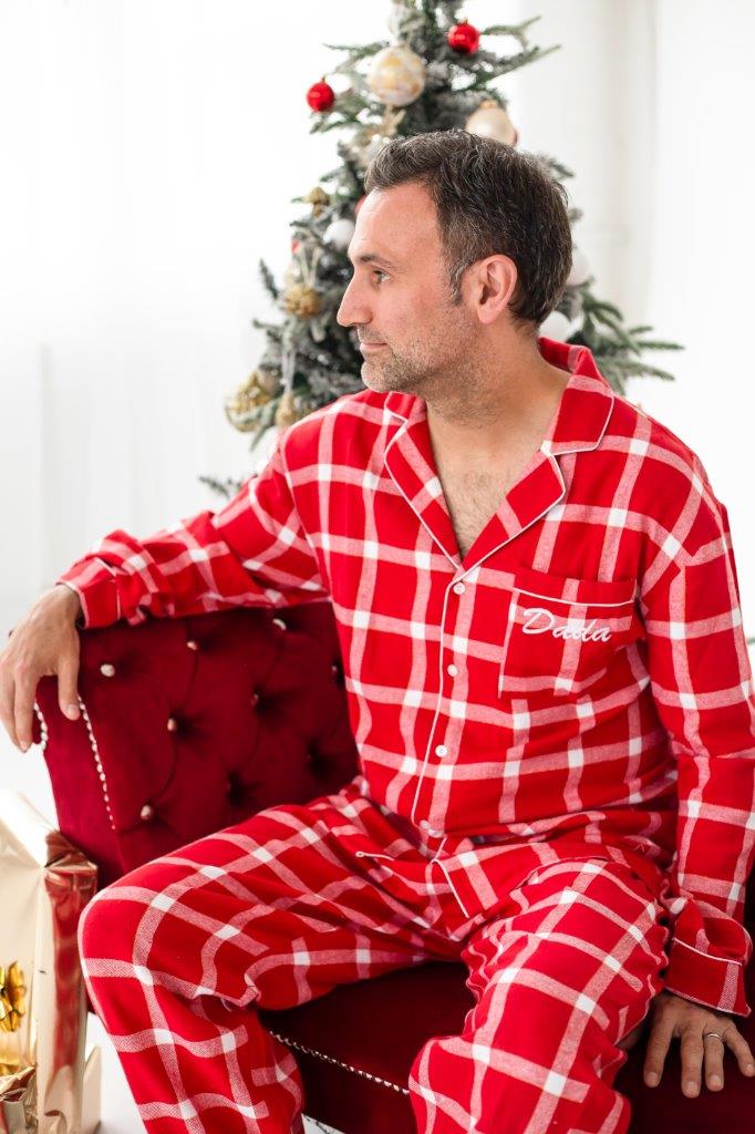 Family Christmas personalised embroidered woven red check pyjamas