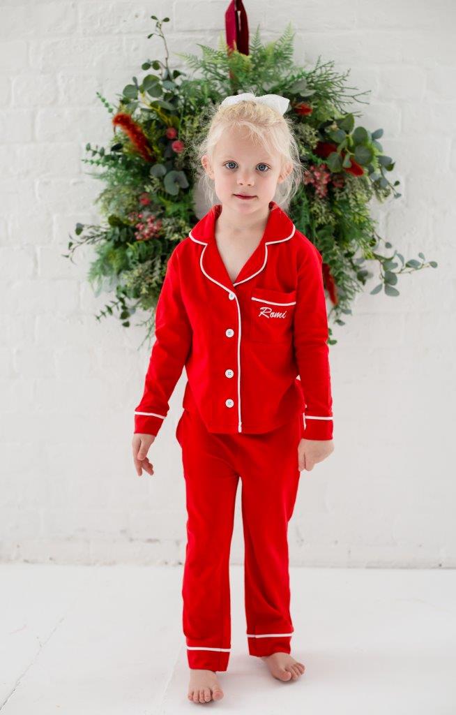 Family Christmas red contrast piping personalised embroidered pyjamas
