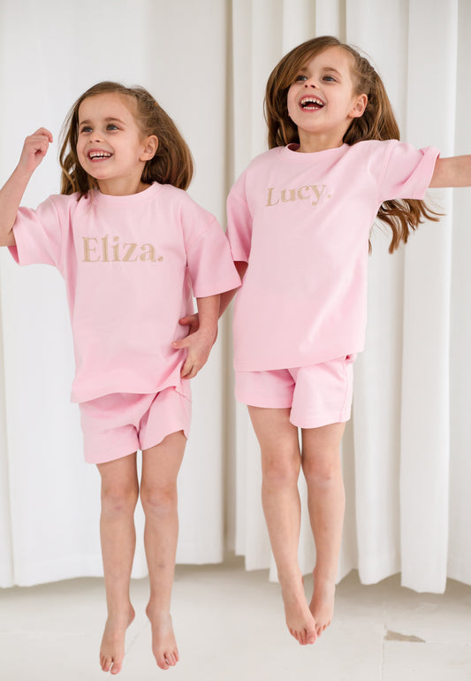 Personalised embroidered bold name t shirt and short set