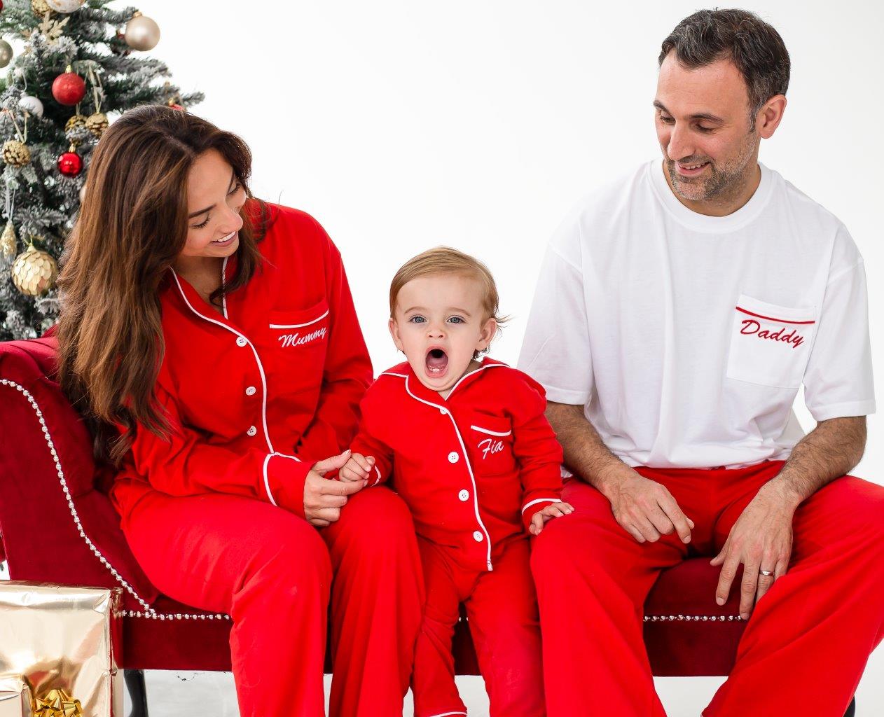 Family Christmas red contrast piping personalised embroidered pyjamas