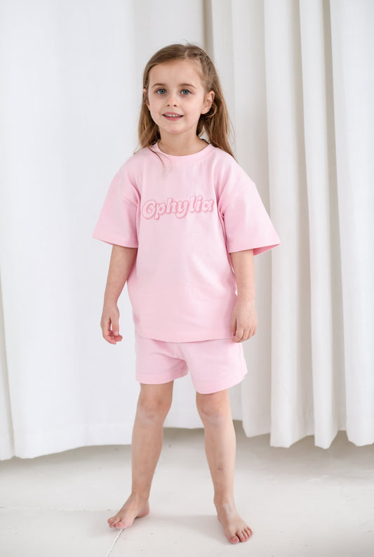Summer bubble font personalised name embroidered t shirt and short set