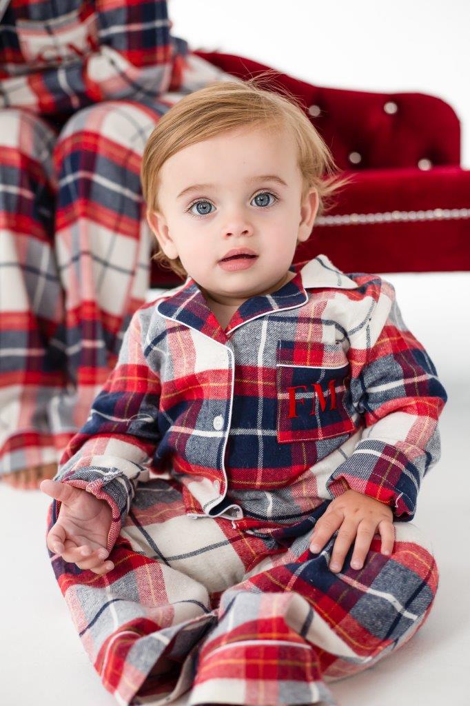 Family Christmas personalised embroidered cream woven check pyjamas