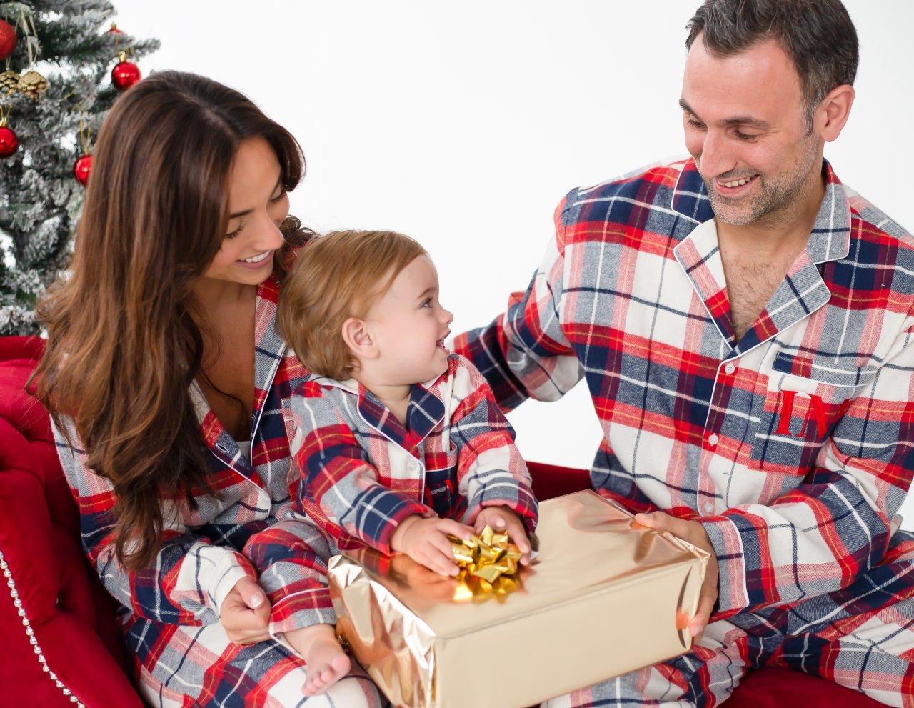 Family Christmas personalised embroidered cream woven check pyjamas