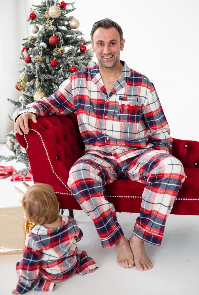 Family Christmas personalised embroidered cream woven check pyjamas