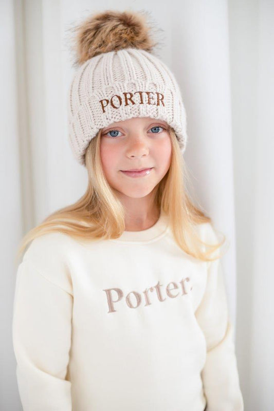 AW Personalised name embroidered faux fur pom pom hat