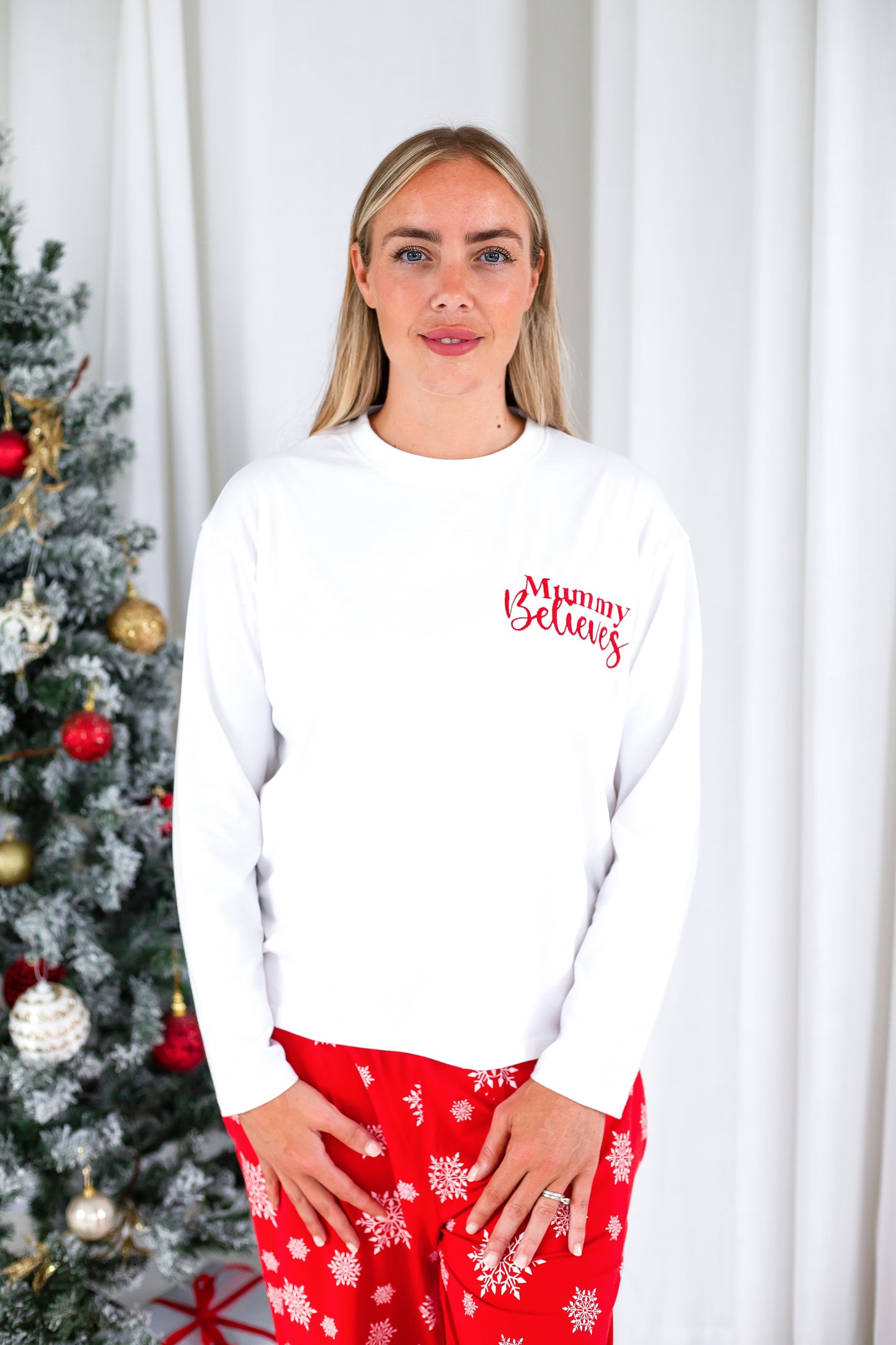 Family Christmas personalised 'Believes' snowflake jersey pyjamas in red and green