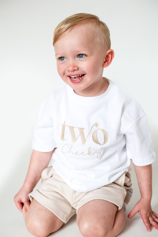 'Two Cheeky' birthday embroidered t shirt