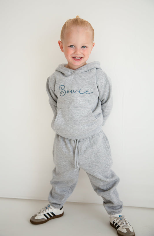 AW Boys personalised italic name embroidered hoodie and jogger tracksuit