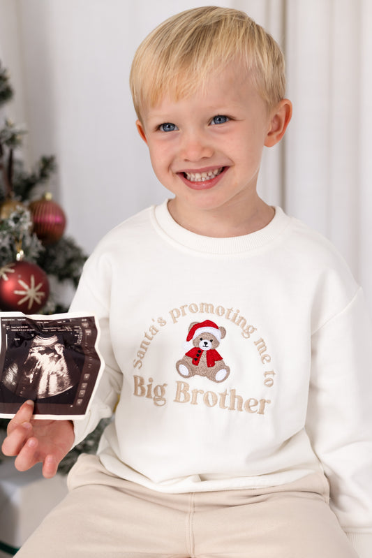 'Santa's Promoting me to Big Brother/Sister' embroidered Christmas New Baby Announcement Sweatshirt