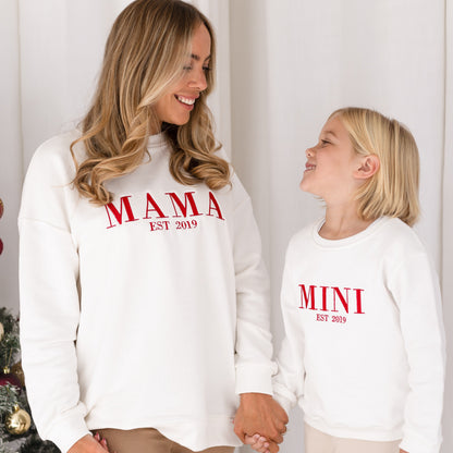 Christmas 'MAMA EST.' ladies' embroidered matching mini me sweatshirt