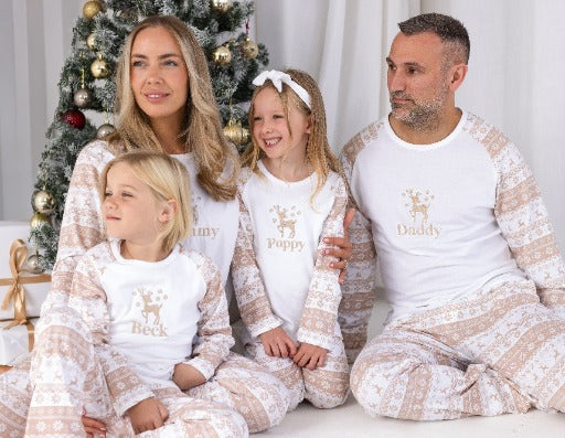 Family Christmas personalised embroidered neutral fair isle pyjamas