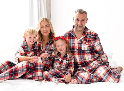 Family Christmas personalised embroidered woven cream check pyjamas