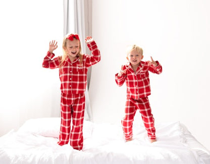 Family Christmas personalised embroidered woven red check pyjamas