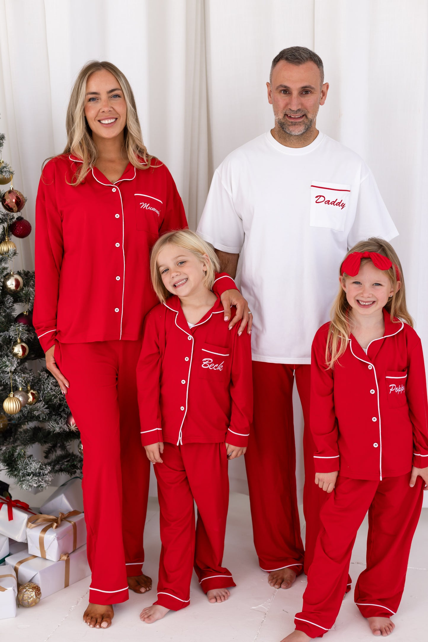Family Christmas red contrast piping personalised embroidered pyjamas