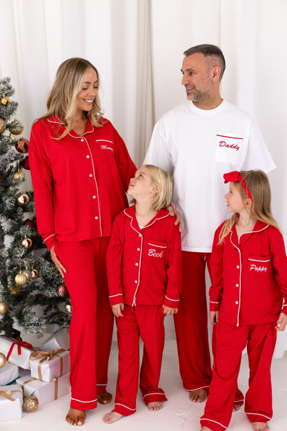 Family Christmas red contrast piping personalised embroidered pyjamas