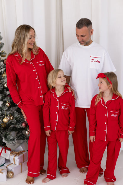 Family Christmas red contrast piping personalised embroidered pyjamas