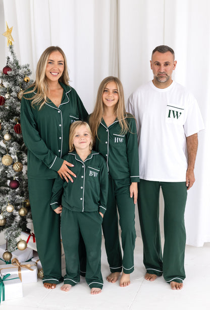 Family Christmas green contrast piping personalised embroidered pyjamas