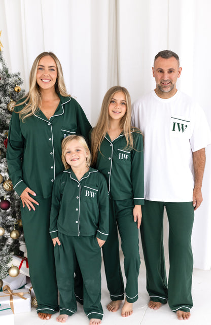 Family Christmas green contrast piping personalised embroidered pyjamas