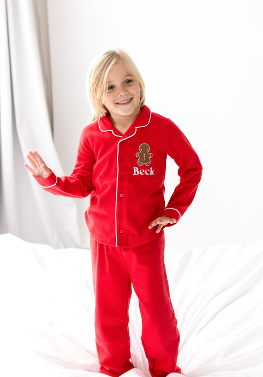 'When i wake' Christmas personalised embroidered front and back Gingerbread pyjamas