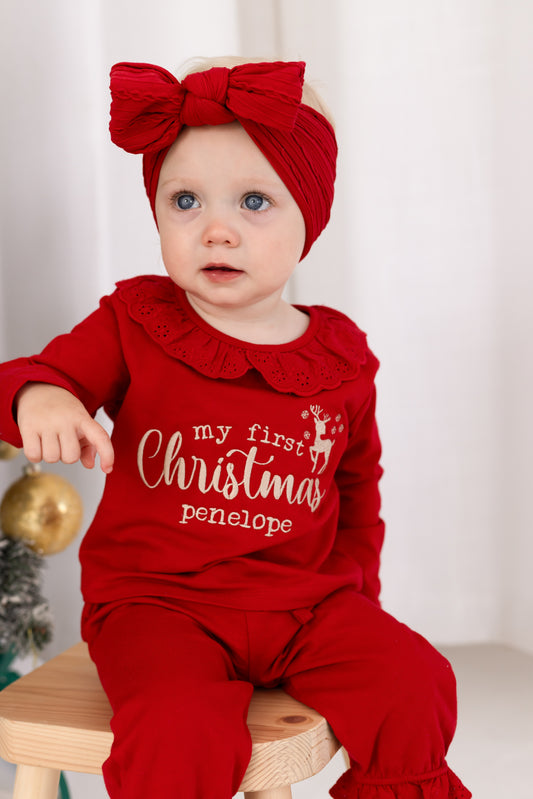 'My First Christmas' embroidered personalised frill collar pyjamas