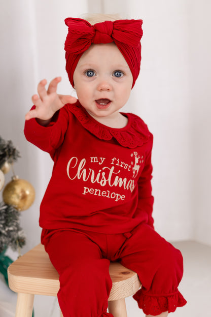 'My First Christmas' embroidered personalised frill collar pyjamas